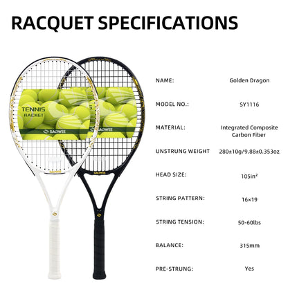 New Arrive Golden Dragon Tennis Racket with Free Bag Carbon Fiber White&Black 50-55lbs Tennis Racquets for Players